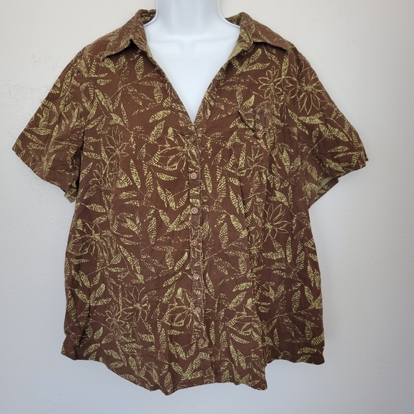 White Stag Vintage Stretch 2X 18W/20W Brown Button Up Shirt Green Leaf V-neck - Picture 1 of 6